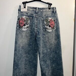 TELEPATIA Wide Leg Jeans Skull Floral Rhinestone Women's Blue  Size 11/30 Y2K